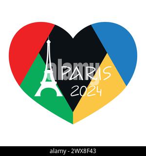Design dei giochi sportivi olimpici di Parigi 2024. Modello semplice con cuore geometrico e silhouette della torre Eiffel. Illustrazione vettoriale Illustrazione Vettoriale