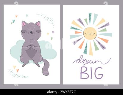 Simpatici biglietti per bambini con un gatto e un sole arcobaleno. Sognare una grande citazione disegnata a mano. Per la doccia del bambino, inviti, biglietti d'auguri. Illustrazioni vettoriali. Illustrazione Vettoriale