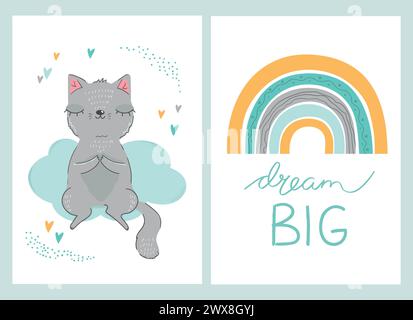 Carini biglietti per bambini con un gatto e un arcobaleno. Sognare una grande citazione disegnata a mano. Per la doccia del bambino, inviti, biglietti d'auguri. Illustrazioni vettoriali. Illustrazione Vettoriale