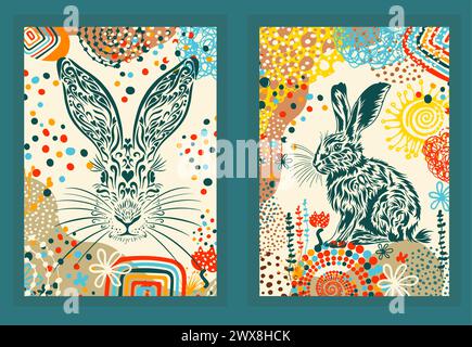 Poster del coniglietto di Pasqua. Cartolina buona Pasqua . disegno a mano. Non IA. Illustrazione vettoriale Illustrazione Vettoriale