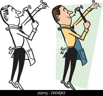 Un cartone vintage retrò di un uomo in grembiule che martellava un chiodo in un muro. Illustrazione Vettoriale
