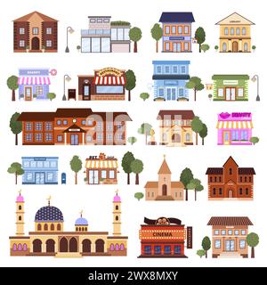 Set di icone di vari edifici urbani piatti. Illustrazione Vettoriale