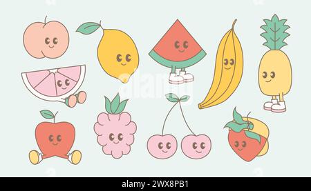 Simpatici cartoni animati, divertenti personaggi vettoriali delle mascotte Y2K con sorriso. Ciliegia matura, banana, ananas, mela, limone, fragola. Illustrazione Vettoriale