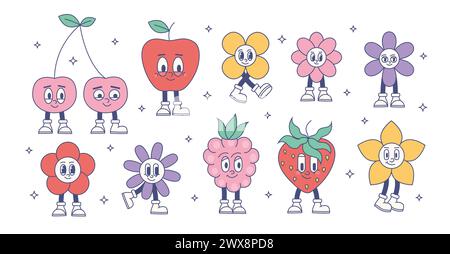 Set di personaggi floreali e frutteti retrò. Cartoni animati vettoriali divertenti margherite, mele, fragole, ciliegie, lamponi. Frutta moderna alla moda. Illustrazione Vettoriale