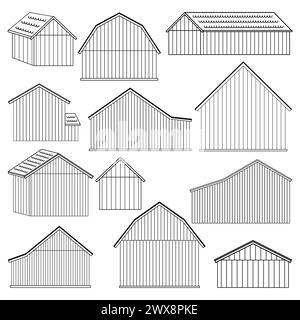 Grande serie di case o fienili in legno senza porte e finestre. Illustrazioni vettoriali isolate su sfondo bianco per costruttore o colorazione Illustrazione Vettoriale