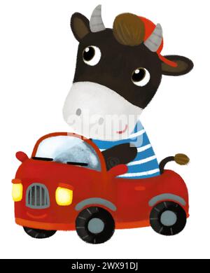 scena di cartoni animati con toro della fattoria bambino che guida auto trasporto illustrazioni per bambini Foto Stock