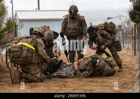 I soldati statunitensi assegnati alla 18th Field Artillery Brigade rispondono a una vittima simulata durante la Best Squad Competition alla Joint base Langley-Eustis, Virginia, 5 marzo 2024. La U.S. Army Best Squad Competition, un evento biennale ospitato quest'anno dalla 7th Transportation Brigade (Expeditionary), consente alle squadre di dimostrare in sicurezza la propria preparazione alla missione e di rappresentare il XVIII Airborne Corps a livelli più elevati di competizione. (Foto U.S. Air Force di Airman 1st Class Skylar Ellis) Foto Stock