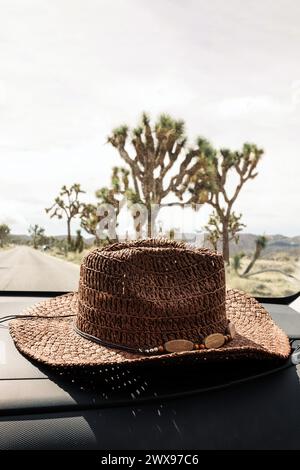 Cappello di paglia sul cruscotto dell'auto con joshua Trees sullo sfondo. Viaggio in auto nel sud-ovest, California, Stati Uniti Foto Stock