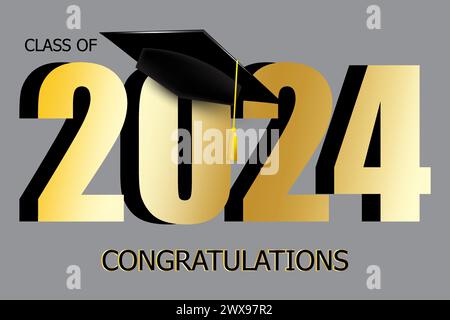 Elegante grafica con graduazioni con classe 2024 e testo DI CONGRATULAZIONI. Illustrazione vettoriale. EPS 10. Illustrazione Vettoriale