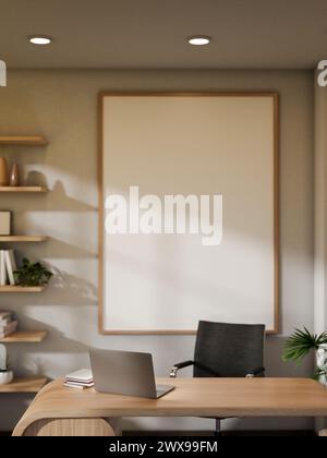 Il design degli interni di un moderno ufficio privato o di un ufficio domestico minimalista presenta un laptop su una scrivania e un arredamento moderni. rendering 3d, illustrazione 3d. Foto Stock
