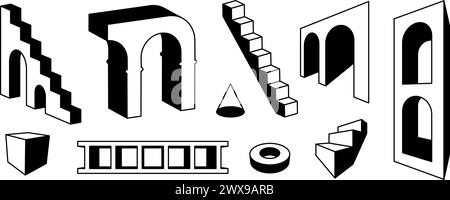 Serie di scale e archi in prospettiva. Delineare la collezione di elementi geometrici surreali. Audace porta ad arco 3d, scala, scala, fascio di cancelli. Forme trippy per collage, poster, striscioni, adesivi. Vettore Illustrazione Vettoriale