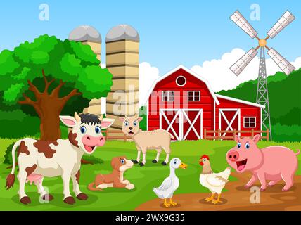 Sfondo di fattoria con animali Illustrazione Vettoriale