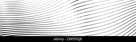 Linee nere ondulate che vanno da sottili a spesse. Onde striate disegnate con inchiostro. Sfondo geometrico astratto con struttura della superficie acquosa monocromatica. Vettore Illustrazione Vettoriale