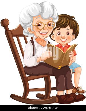 Una donna anziana e un bambino che si godono un libro insieme Illustrazione Vettoriale