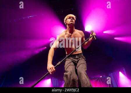 Madison, Stati Uniti. 27 marzo 2024. Singer Conor Burns al Sylvee il 27 marzo 2024, a Madison, Wisconsin (foto di Daniel DeSlover/Sipa USA) crediti: SIPA USA/Alamy Live News Foto Stock