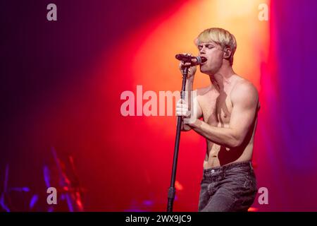 Madison, Stati Uniti. 27 marzo 2024. Singer Conor Burns al Sylvee il 27 marzo 2024, a Madison, Wisconsin (foto di Daniel DeSlover/Sipa USA) crediti: SIPA USA/Alamy Live News Foto Stock