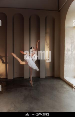 Giovane ballerina preparata con tiara piumata, classico tutù bianco, si erge sulle punte dei piedi a pointe, sorprendendo una posa elegante in uno studio di danza illuminato, S. Foto Stock