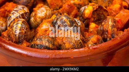 Close up di tapas tradizionali spagnole - il bollito di lumache in salsa di pomodoro con aglio e peperoncino in nero padella di ferro Foto Stock