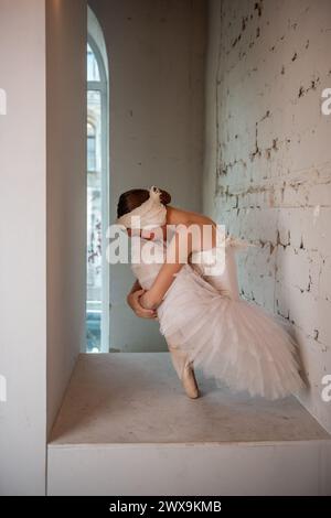 Catturata con luce soffusa, la ballerina in posa ponderata riflette la forza silenziosa e l'introspezione dell'arte. Ballerino di balletto in tutu bianco, tiara di piume, lui Foto Stock