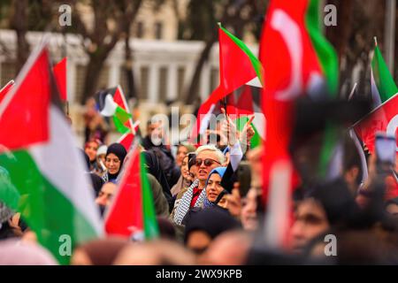 Istanbul, Turchia. 28 marzo 2024. I manifestanti sventolano bandiere turche e palestinesi durante la protesta contro l'occupazione israeliana e chiedono la libertà per la Palestina organizzata dagli attivisti turchi in piazza Sultanahmet. Credito: SOPA Images Limited/Alamy Live News Foto Stock