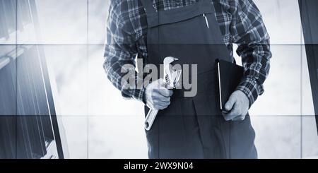 Riparatore in piedi all'ingresso di una casa, schema geometrico Foto Stock