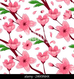 Motivo scuro senza cuciture Cherry Blossoms Illustrazione Vettoriale