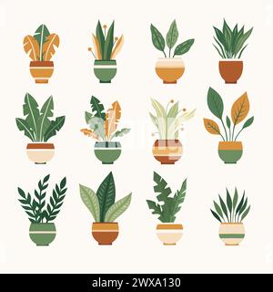 Set vettoriale di varie piante in pentole clip art Collezione di fiori per la decorazione della casa. Vegetazione nei vasi. Elementi di design naturali per adesivi Illustrazione Vettoriale