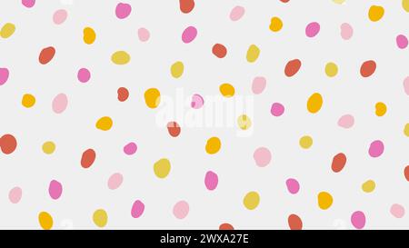 Colorato motivo astratto a pois su sfondo beige. Design semplice per bambini. Sfondo a coriandoli con cerchio vettoriale. Divertente banner orizzontale natalizio Illustrazione Vettoriale