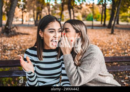 Due donne si sussurrano un segreto nell'orecchio dell'altra e condividono una risata Foto Stock