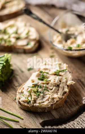 Primo piano di fette di pane con tradizionale bryndza slovacco a base di formaggio di pecora con erba cipollina tagliata di fresco posta su legno rustico. Foto Stock