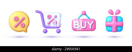 Set di icone per lo shopping 3D. Promozione sconto. set di icone business 3d. Icone vettoriali Illustrazione Vettoriale
