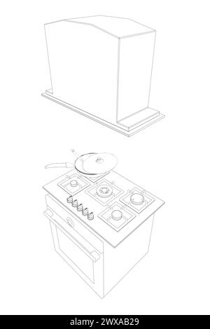Profilo della stufa a gas e della cappa. Delineare l'illustrazione vettoriale del forno su sfondo bianco. Illustrazione vettoriale forno in acciaio inox per la cottura. Vista isometrica. 3 Illustrazione Vettoriale