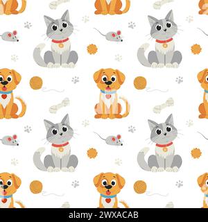 Motivo senza cuciture con animali domestici e giocattoli per animali domestici. Carino, sorridente gatto, cane, personaggi. Illustrazioni vettoriali piatte cartoni su sfondo bianco Illustrazione Vettoriale