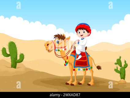 Illustrazione di un ragazzo arabo che cavalca un cammello nel deserto Illustrazione Vettoriale