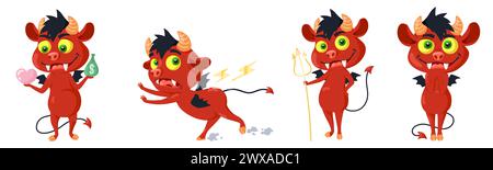 Simpatici e crudeli personaggi del diavolo con un set di espressioni comiche Illustrazione Vettoriale