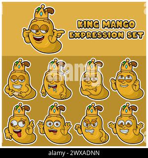 Cartone animato personaggio della mascotte di mango Fruit con set di espressioni per la corona e il viso. Illustrazione Vettoriale