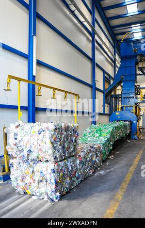 Imballatrice in un impianto di smistamento rifiuti, pressa per bottiglie di plastica macchina idraulica macchina per smistamento rifiuti, bottiglie di plastica pressate, Foto Stock