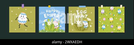 Buona Pasqua Set di biglietti d'auguri con deliziose uova di pasqua colorate Illustrazione Vettoriale