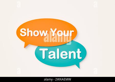 Mostra il tuo talento, bolla di discorso online. Mostrate il vostro talento. Bolla della chat arancione e blu. Evento, intrattenimento, teatro, prove, concorso, taleno Foto Stock