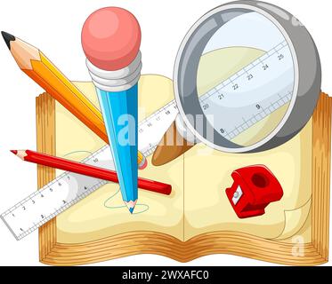 Illustrazione di materiale scolastico su sfondo bianco Illustrazione Vettoriale