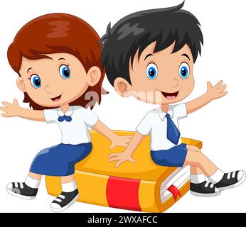 Bambini che leggono seduti su una pila di libri. Illustrazione vettoriale stock Illustrazione Vettoriale