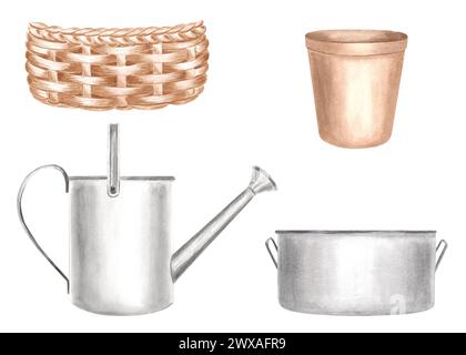 Decorazioni in stile cascina ad acquerello. Annaffiatoio, pentola per piante domestiche, pentola e cestino di vimini. Illustrazione isolata disegnata a mano. Giardino rustico suppl Foto Stock