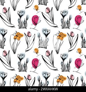 Motivo floreale in stile schizzo, disegnato a mano su sfondo bianco per creare confezioni uniche Illustrazione Vettoriale