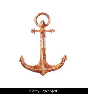 Ancorare l'acquerello isolato su sfondo bianco. Illustrazione di attributi marini disegnati a mano per carte, inviti, striscioni nautici, adesivi. Giorno di Foto Stock
