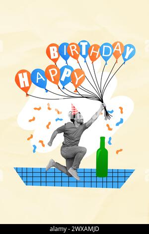Collage fotografico astrattivo verticale cartolina buon compleanno giovane energico funky uomo che tiene palloncini festa festa festa coriandoli alcolici Foto Stock