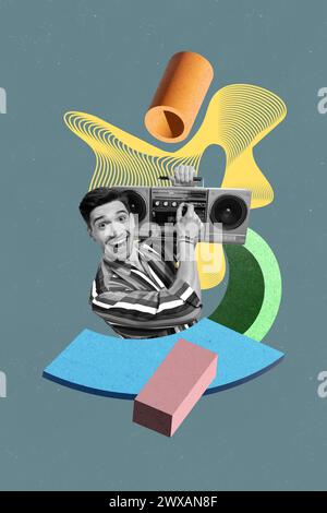 Collage fotografico verticale giovane uomo felice energico tenere il lettore di musica boombox volume aumento intrattenimento festa fine settimana festeggiamenti relax Foto Stock
