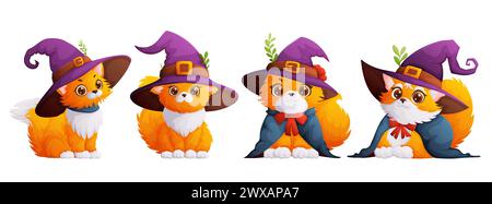 Un set di quattro gatti felici e carini con un cappello da strega viola sulla testa. Tema di Halloween, gattino con cappello e mantello da mago. Stile cartoni animati, vettore Illustrazione Vettoriale