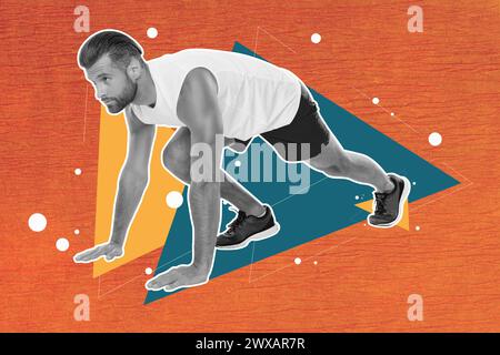 Foto collage creativo giovane determinato atleta uomo tenace atleta sportivo attivo hobby race runner inizia a disegnare lo sfondo Foto Stock