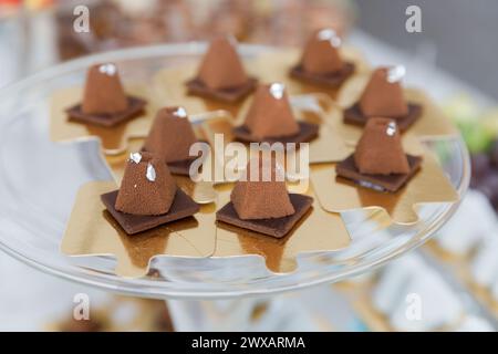 Una varietà di deliziosi dessert disposti su un tavolo a una festa, con torte, cupcake, biscotti e pasticcini da gustare agli ospiti. Foto Stock
