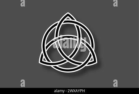 Logo geometrico Triquetra, nodo Trinity, simbolo Wiccan per protezione. Nodo celtico bianco e nero vettoriale isolato su sfondo grigio. Divinazione Wicca Illustrazione Vettoriale